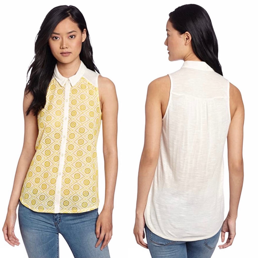 Lucky Brand Vivianne Yellow Eyelet Sleeveless Button Down Shirt Women’s Size M